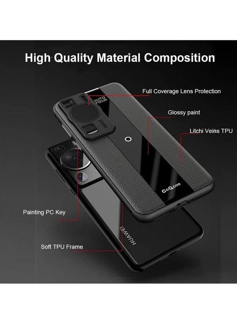 AUTO FOCUS Compatible with Huawei P60 Pro Luxury case TPU Frame & Electroplated Glass & Leather Back Cover Compatible with Huawei P60 Pro Camera Protection Shockproof Case (Black) - Image 3