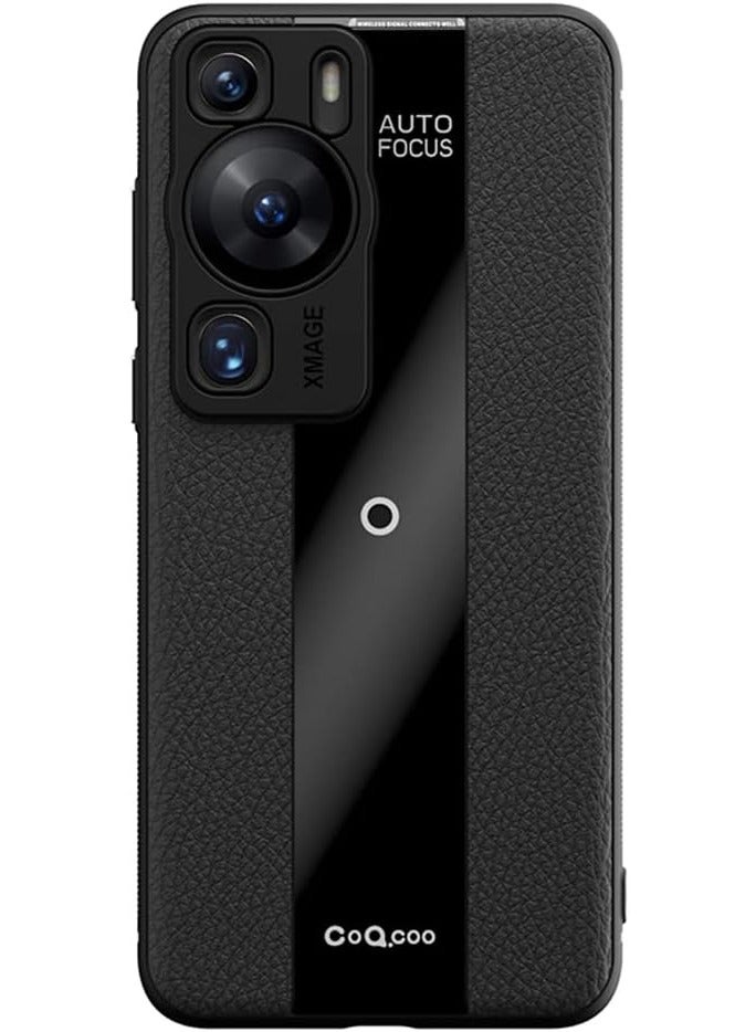 AUTO FOCUS Compatible with Huawei P60 Pro Luxury case TPU Frame & Electroplated Glass & Leather Back Cover Compatible with Huawei P60 Pro Camera Protection Shockproof Case (Black) - Image 1