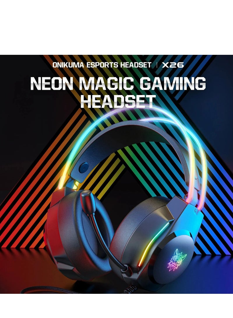 ONIKUMA X26 Dynamic Noise Cancellation Super Bass Foldable Gaming Headset Wired Headphones 50mm Driver Unit Stereo Surround Sound RGB Light Flexible Microphone Earphone Wired Headphone for PS4/PS5/XOne/XSeries/NSwitch/PC Black - Image 5