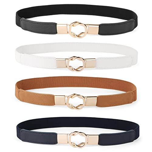 WERFORU Women Skinny Belt for Dresses Retro Stretch Waist Belt with Gold Buckle Set of 4,Black+Brown+White+Blue - Image 1