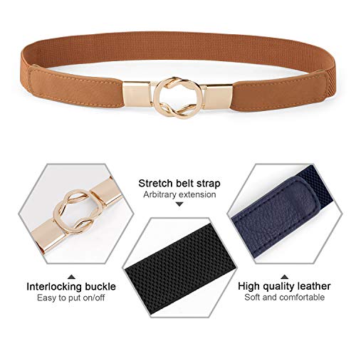 WERFORU Women Skinny Belt for Dresses Retro Stretch Waist Belt with Gold Buckle Set of 4,Black+Brown+White+Blue - Image 2