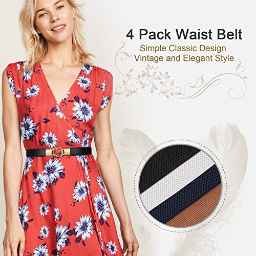 WERFORU Women Skinny Belt for Dresses Retro Stretch Waist Belt with Gold Buckle Set of 4,Black+Brown+White+Blue - Image 3