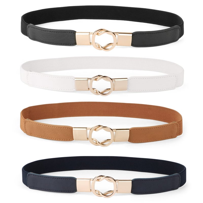 WERFORU Women Skinny Belt for Dresses Retro Stretch Waist Belt with Gold Buckle Set of 4,Black+Brown+White+Blue - Image 5