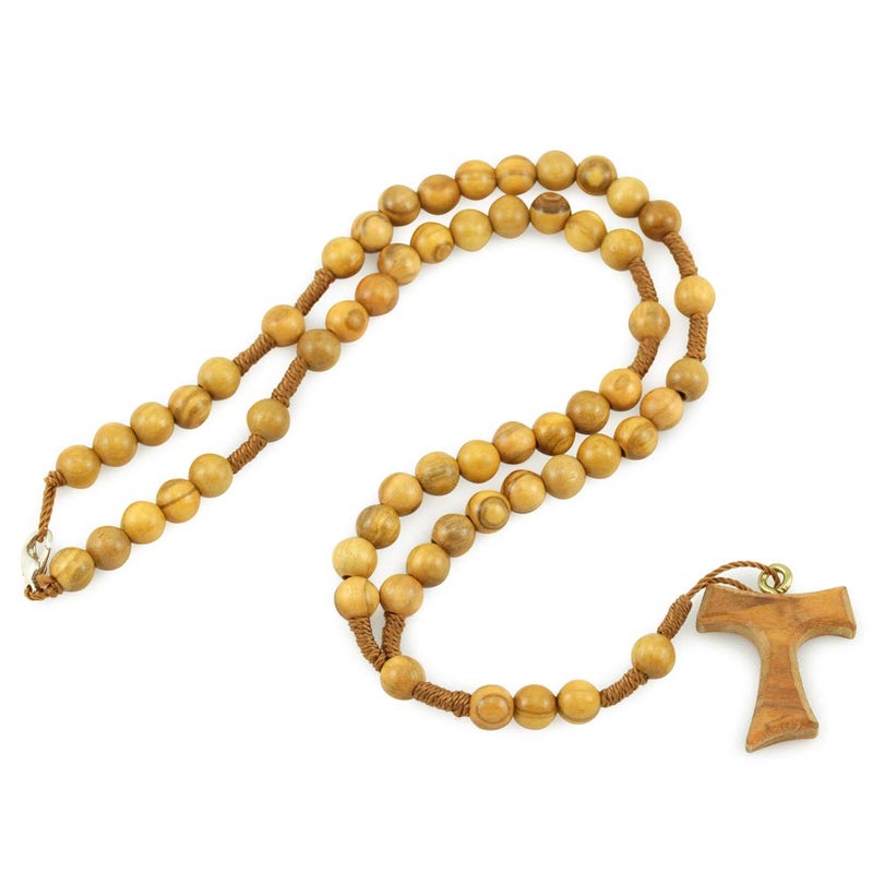 RosaryMart Olive Wood Rosary Necklace with Tau Cross for Men and Women - Handmade Wooden Catholic Prayer Beads 