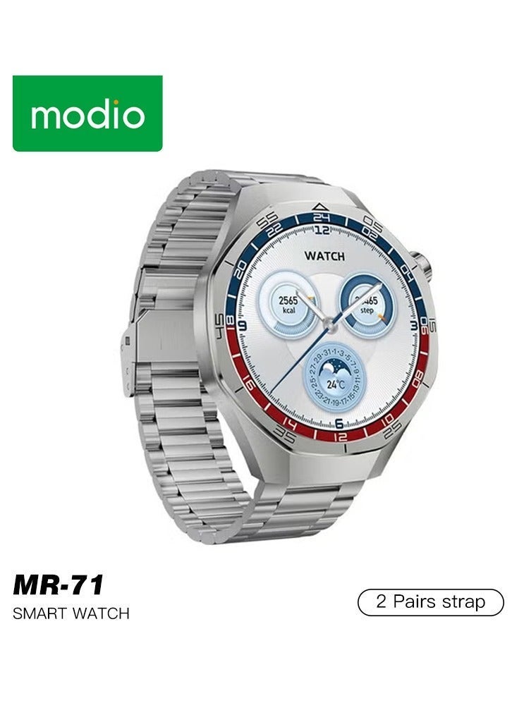 Modio MR-71 Smart Watch with Premium Analog-Digital Hybrid Design – Dual Strap Option Included – Stylish Silver Design for Men – Fitness Tracking, Notifications, Long Battery Life – Includes Charging Cable – Durable & Versatile for Everyday Use - Image 1