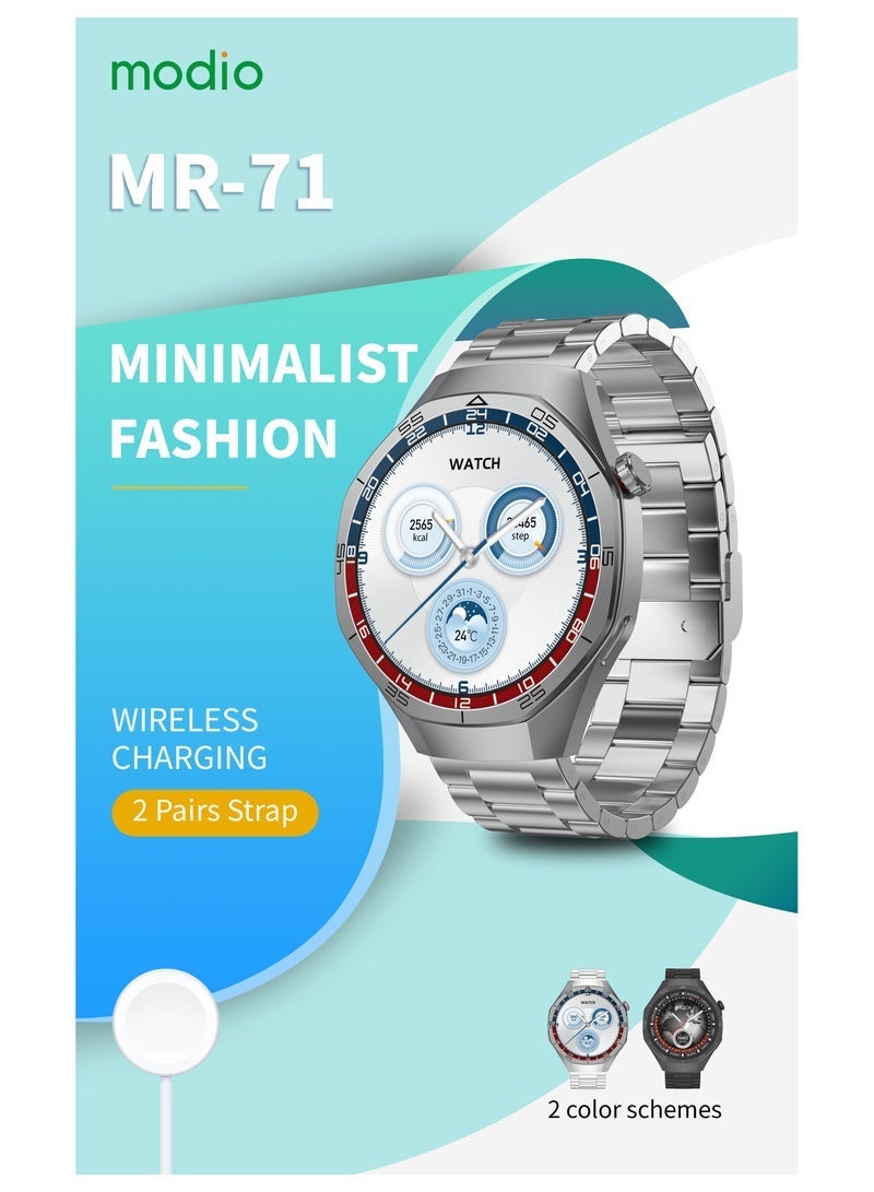Modio MR-71 Smart Watch with Premium Analog-Digital Hybrid Design – Dual Strap Option Included – Stylish Silver Design for Men – Fitness Tracking, Notifications, Long Battery Life – Includes Charging Cable – Durable & Versatile for Everyday Use - Image 2