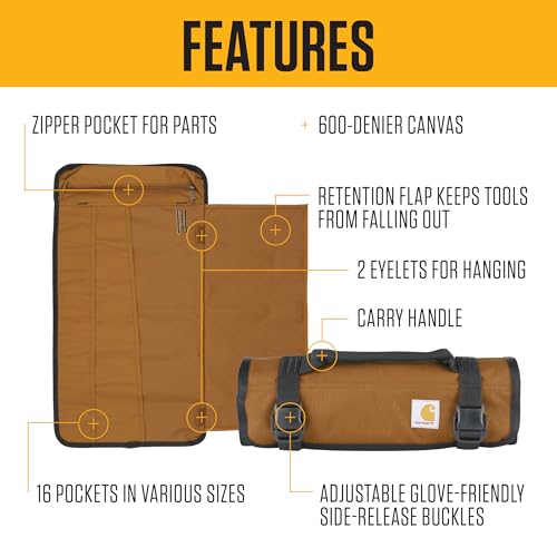 Carhartt Utility Roll Organizer Durable WaterResistant Tool Roll Gravel 16 Pocket - Image 3