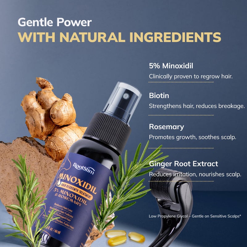 RootStim Minoxidil 5% Hair Growth Kit for Men and Women with Rosemary: Extra Strength Minoxidil Beard Regrowth Treatment Spray 2 FL OZ - Image 5