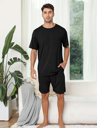 EISHOPEER Pajamas 2 Piece Lounge Set Ribbed Knit Matching Outfits T-shirt and Shorts Ribbed Knit Pajama Lounge Wear Black Medium - Image 5