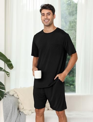 EISHOPEER Pajamas 2 Piece Lounge Set Ribbed Knit Matching Outfits T-shirt and Shorts Ribbed Knit Pajama Lounge Wear Black Medium - Image 2
