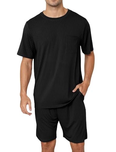 EISHOPEER Pajamas 2 Piece Lounge Set Ribbed Knit Matching Outfits T-shirt and Shorts Ribbed Knit Pajama Lounge Wear Black Medium - Image 1
