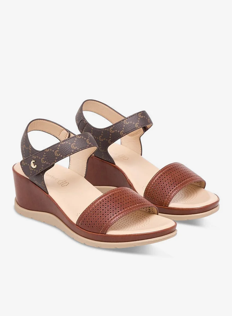 Le Confort BROWN Textured Wedge Heel Sandals with Hook and Loop Closure for Women | Best Price UAE
