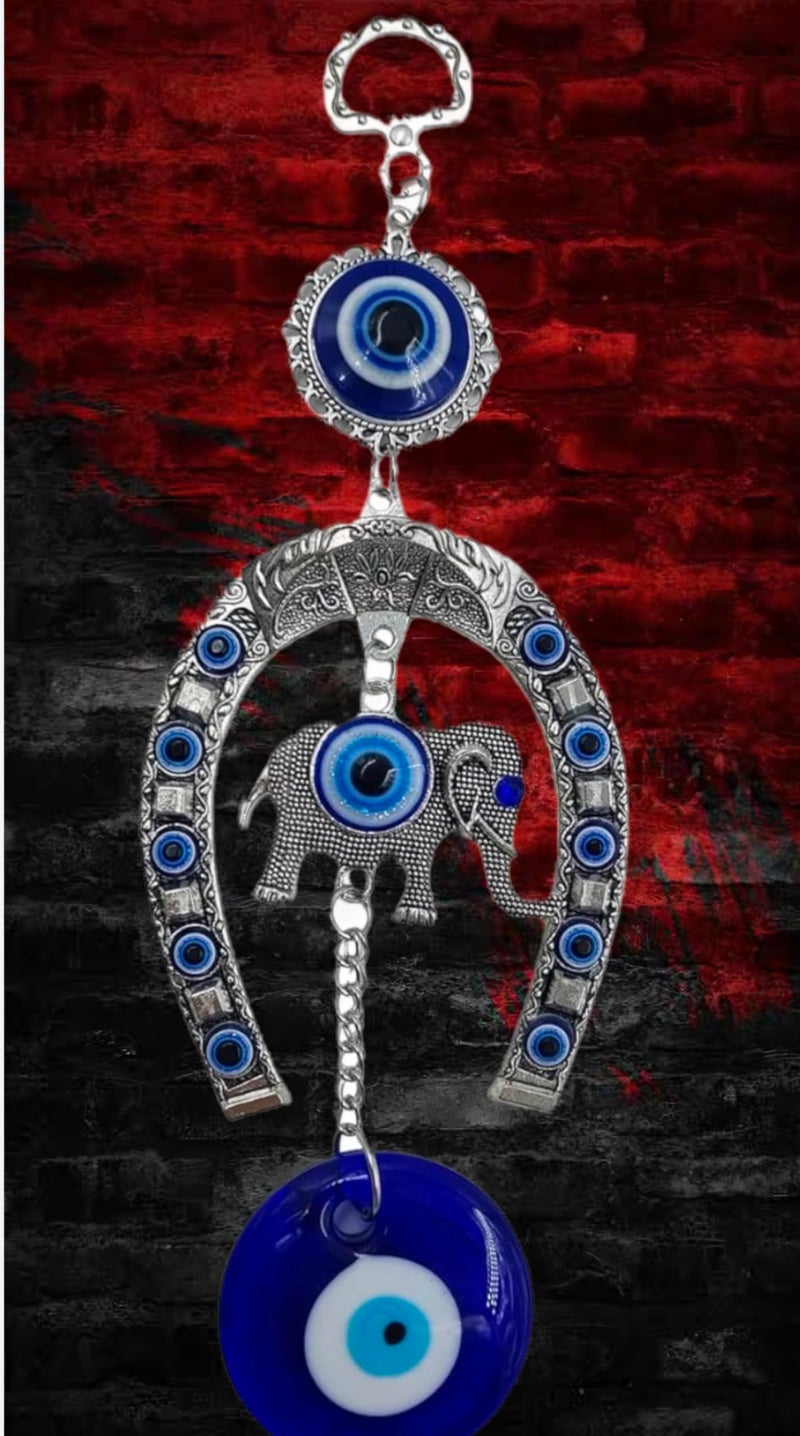 DT DECTONE Stainless Steel Evil Eye Hanging for Home Main Door Entrance, House Door Decoration, Nazar Battu for Home Protection, Prosperity at Office and Home, Blue (Horseshoe with Small Elephant) - Image 4
