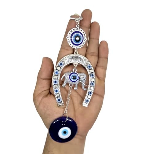 DT DECTONE Stainless Steel Evil Eye Hanging for Home Main Door Entrance, House Door Decoration, Nazar Battu for Home Protection, Prosperity at Office and Home, Blue (Horseshoe with Small Elephant) - Image 1