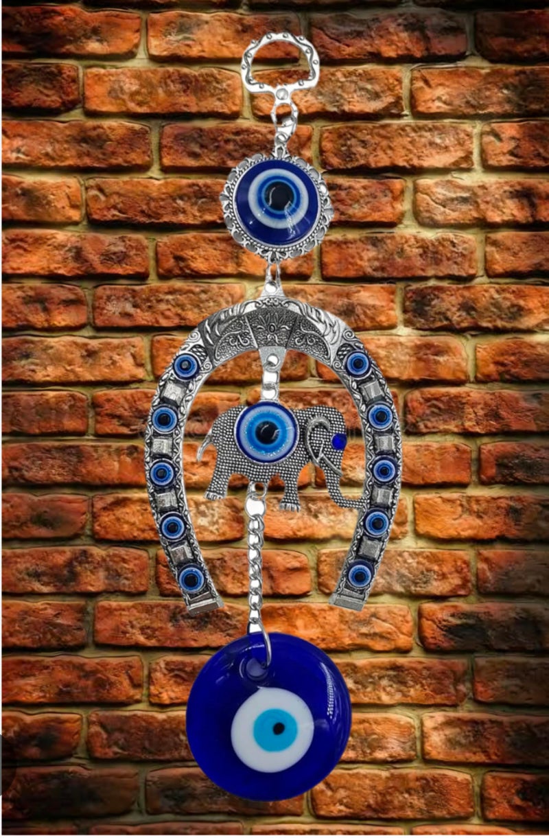 DT DECTONE Stainless Steel Evil Eye Hanging for Home Main Door Entrance, House Door Decoration, Nazar Battu for Home Protection, Prosperity at Office and Home, Blue (Horseshoe with Small Elephant) - Image 3