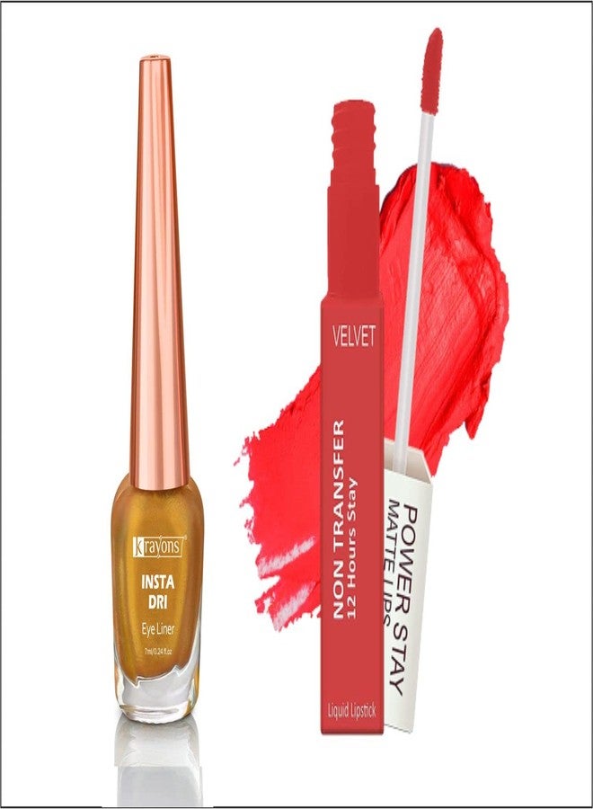 Krayons Insta Dri Sparkling Eyeliner, Golden, 7ml And Power Stay Nontransfer 12hrs Stay Matte Liquid Lipstick, Burnt Orange, 4ml - Image 1