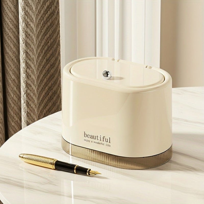 1pc Mini Press Type Desktop Trash Can Milky White Silvery Plated Ball Clean Storage Bin For Home Office Living Room Bedroom Kitchen Study Paper Basket - Image 1