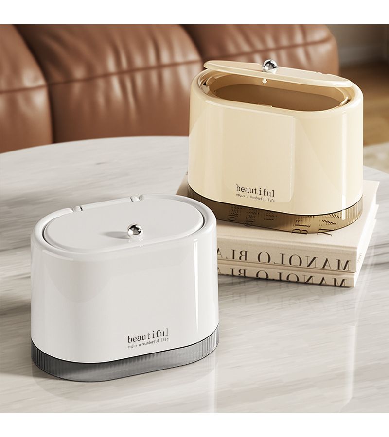 1pc Mini Press Type Desktop Trash Can Milky White Silvery Plated Ball Clean Storage Bin For Home Office Living Room Bedroom Kitchen Study Paper Basket - Image 3