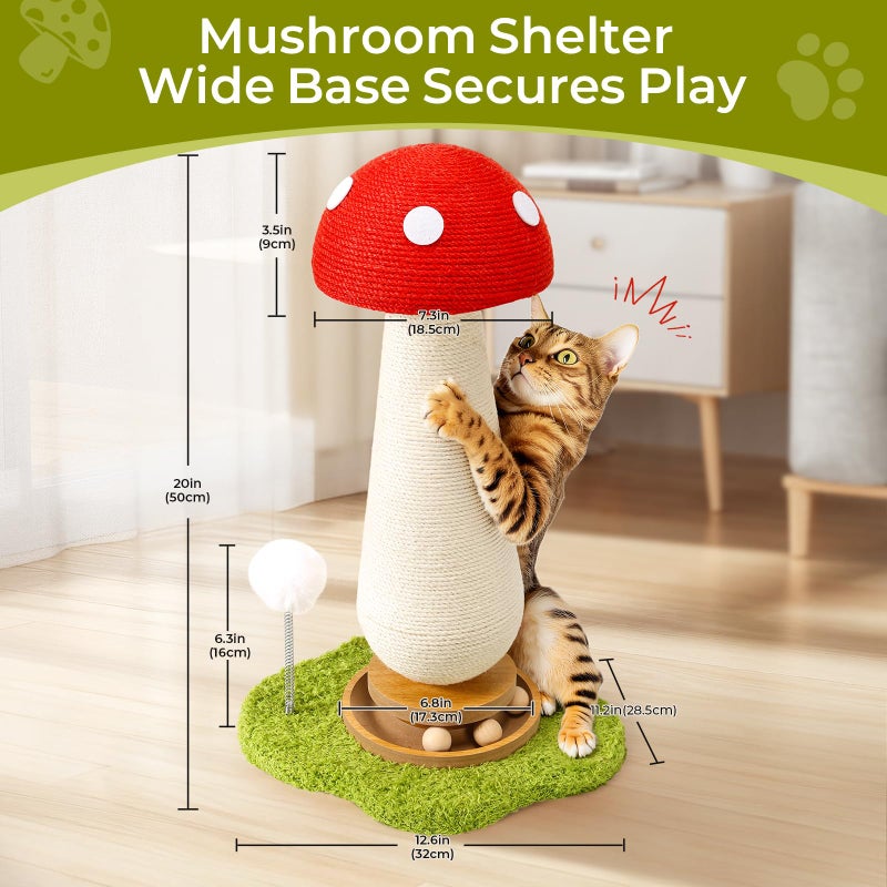 TEWIWAP Cat Scratching Post, Mushroom Cat Scratcher with Interactive Ball Track Spring Ball Toys Cute Sisal Scratchers Post for Indoor Adults Kitten with Stable Base - Image 2