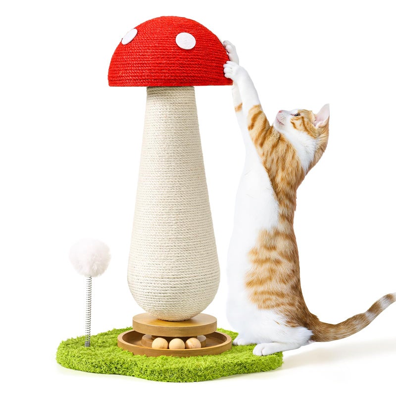 TEWIWAP Cat Scratching Post, Mushroom Cat Scratcher with Interactive Ball Track Spring Ball Toys Cute Sisal Scratchers Post for Indoor Adults Kitten with Stable Base - Image 1
