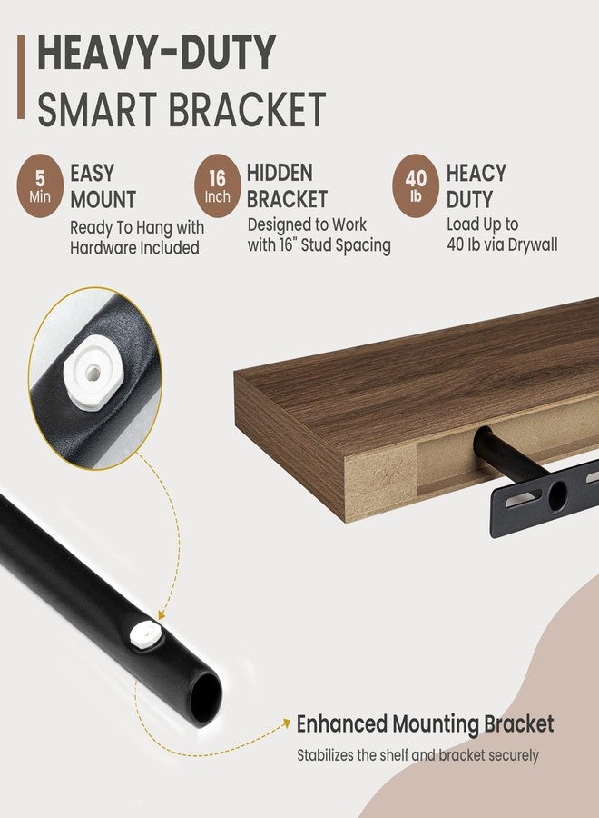 Acovy 36 Inch Floating Shelves, 8 Inch Deep Floating Shelves for Wall, Hanging Shelf with Invisible Brackets, Deep Shelves for Bathroom, Bedroom, Living Room, Walnut, Set of 2 - Image 2