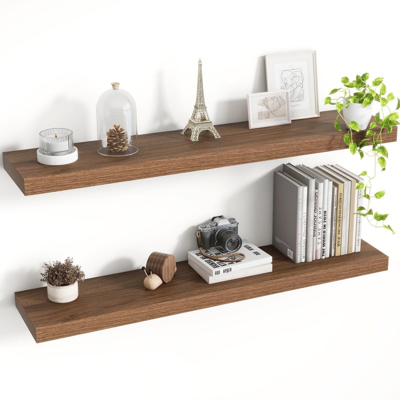 Acovy 36 Inch Floating Shelves, 8 Inch Deep Floating Shelves for Wall, Hanging Shelf with Invisible Brackets, Deep Shelves for Bathroom, Bedroom, Living Room, Walnut, Set of 2 - Image 1