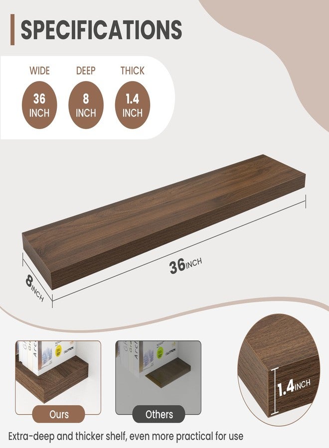 Acovy 36 Inch Floating Shelves, 8 Inch Deep Floating Shelves for Wall, Hanging Shelf with Invisible Brackets, Deep Shelves for Bathroom, Bedroom, Living Room, Walnut, Set of 2 - Image 5