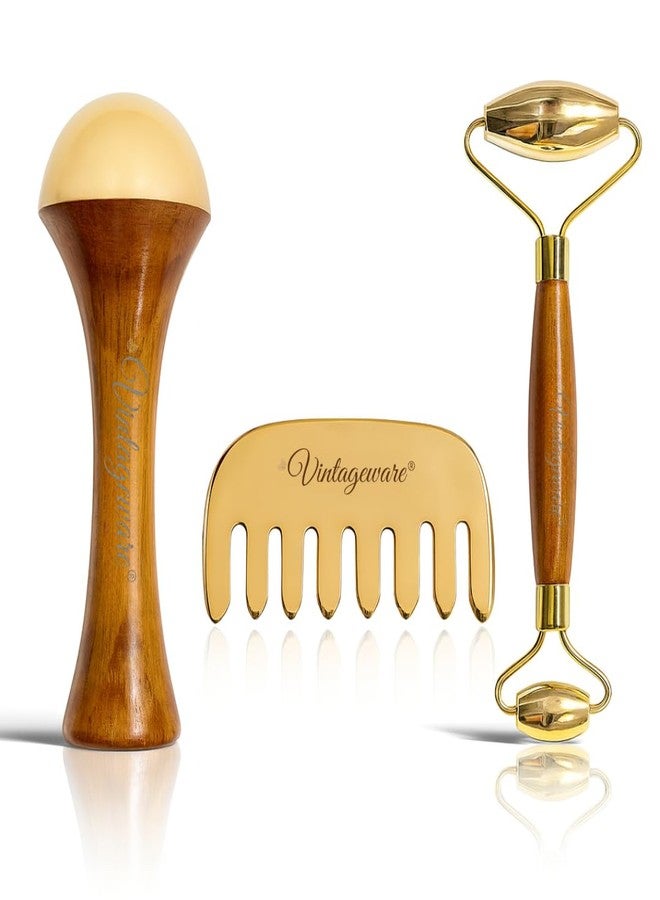 Vintageware عصا كانسا ذات القاعدة المسطحة من Vintageware®، ومشط كانسا، وبكرة تدليك الوجه البرونزية - أدوات تدليك أيورفيدية للاسترخاء، وإزالة السموم، ونمو الشعر، والعناية بالبشرة المضادة للشيخوخة - Image 1