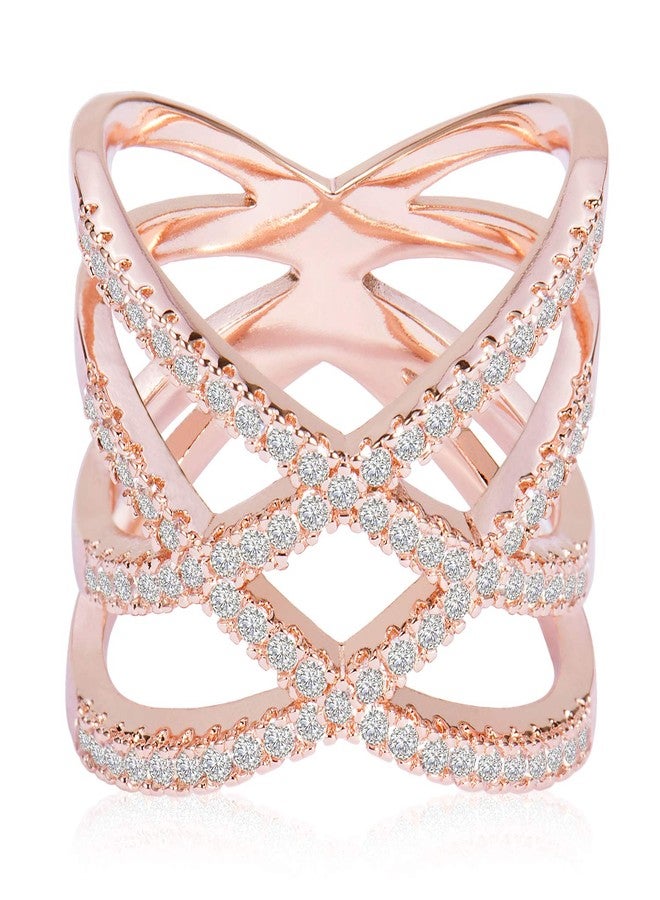 LEMON GRASS Rose Gold Double Criss Cross Ring CZ Pave Crossover Fashion Band Size 9 - Image 1