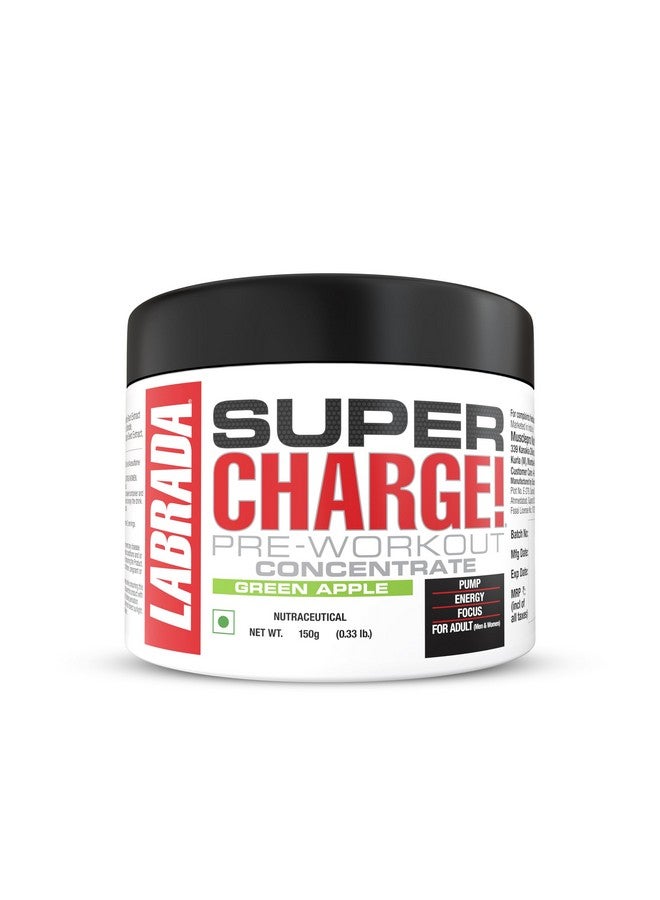 LABRADA Super Charge Pre-Workout Concentrate 150G, Green Apple (30 Servings|0.75G L-Arginine|375Mg L-Citrulline Malate|2G Beta Alanine|150Mg Caffeine Anhydrous|250Mg Ashwagandha Extract), Powder - Image 1