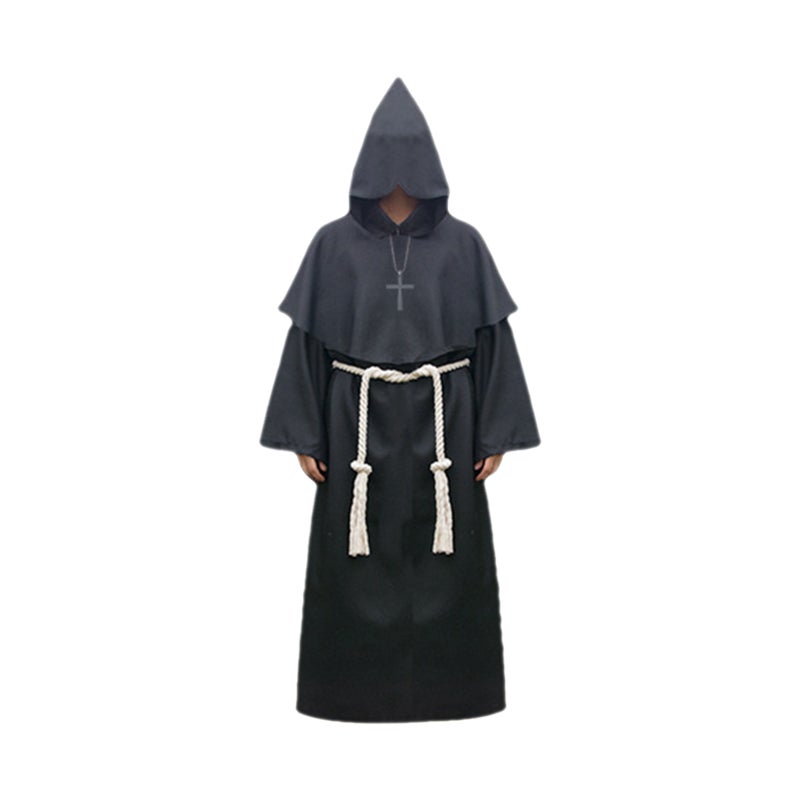 Halloween Hooded Priest Costume With Cross Necklace Waist Belt Unisex Men Women Solid Long Father Vicar Fancy Dress Medieval Priest Cosplay Costumes - Image 1