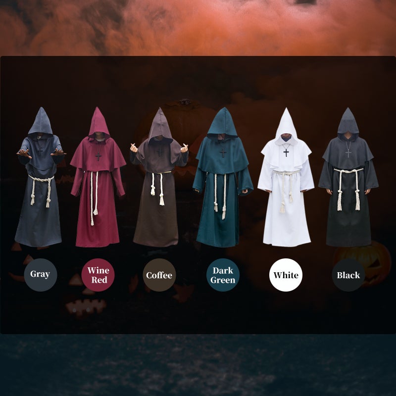 Halloween Hooded Priest Costume With Cross Necklace Waist Belt Unisex Men Women Solid Long Father Vicar Fancy Dress Medieval Priest Cosplay Costumes - Image 2