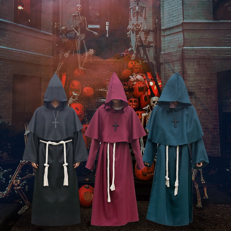 Halloween Hooded Priest Costume With Cross Necklace Waist Belt Unisex Men Women Solid Long Father Vicar Fancy Dress Medieval Priest Cosplay Costumes - Image 4