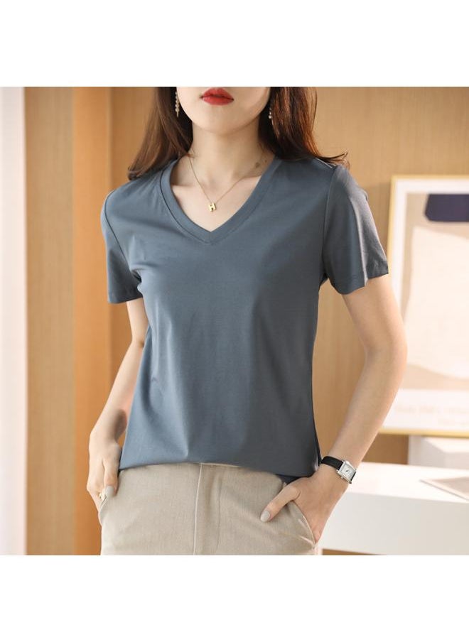 Generic 80 Mercerized Cotton Short Sleeve T-shirt Women's V-neck Summer A Generation Of Hair Women's Chicken Collar Jacket Combed Cotton T-shirt Women 