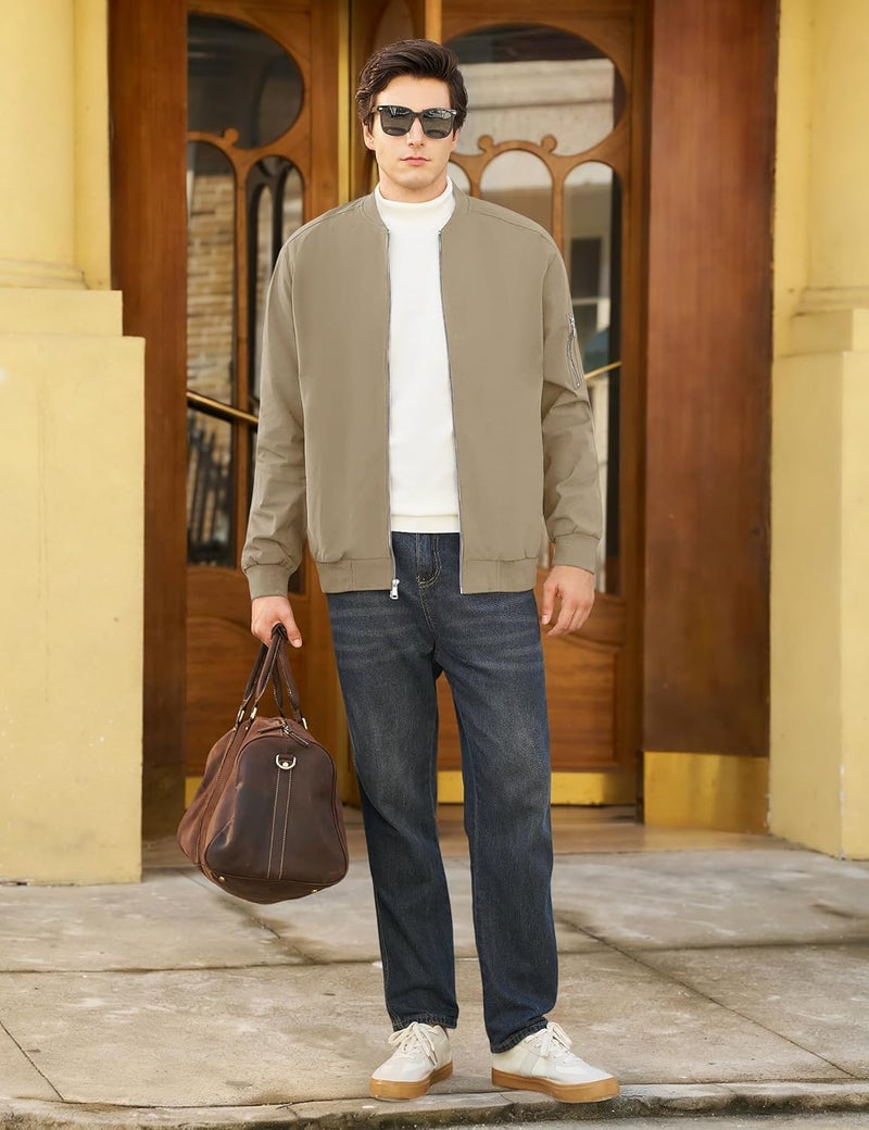 CRYSULLY Men's Lightweight Bomber Jacket - Casual Windbreaker Coat in Khaki - Image 2