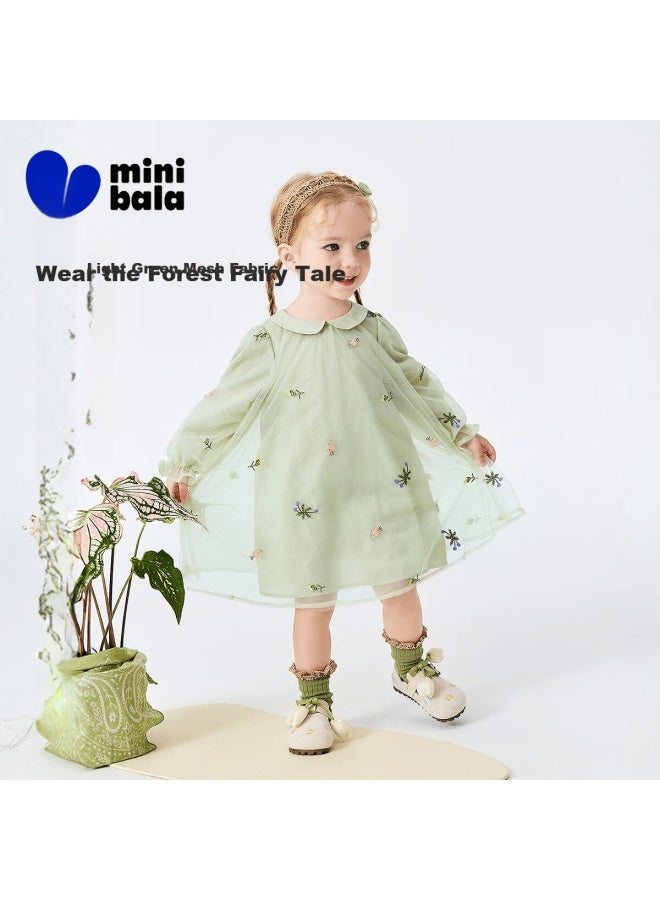 Minibala Girls Baby Soft Skin-friendly Sweet Mesh Embroidered Dress Spring - Image 1