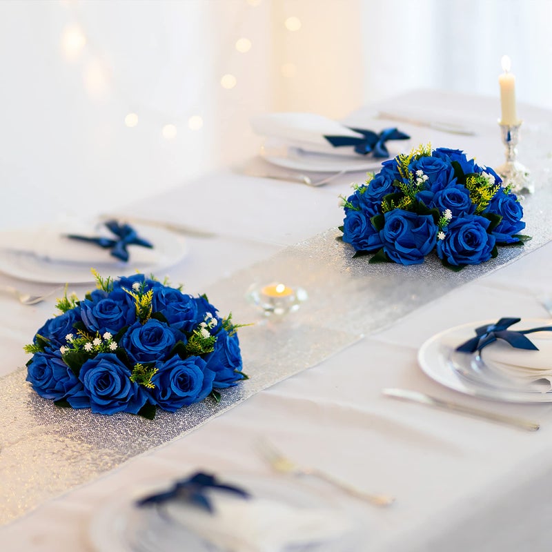 BLOSMON Royal Blue Flowers for Decoration: 10 Pcs Fake Roses Kissing Balls for Wedding Table Centerpieces - Artificial Floral Arrangements Home Baby Shower Birthday Party DIY Decor - Image 2