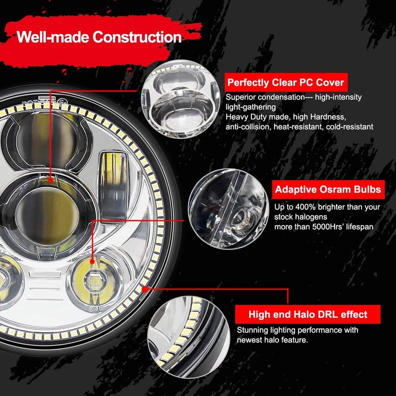 Wisamic 5.75" LED Motorcycle Headlight with Halo DRL Compatible with Harley Davidson Dyna Street Bob Super Wide Glide Low Rider Night Rod Train Softail Deuce Custom Sportster Iron 883 -Silver - Image 3