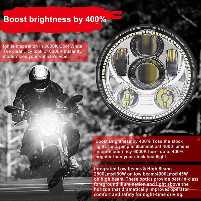 Wisamic 5.75" LED Motorcycle Headlight with Halo DRL Compatible with Harley Davidson Dyna Street Bob Super Wide Glide Low Rider Night Rod Train Softail Deuce Custom Sportster Iron 883 -Silver - Image 2