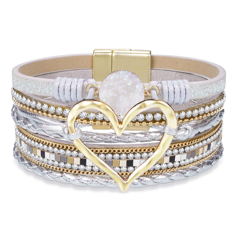 Btysun Valentines Day Gifts for Her Mothers Day Gift Wrap Bracelets for Women Leather Gift for Her Boho Crystal Heart Cuff Bracelet Birthday Gifts Best Friend Christmas Jewelry - Image 1