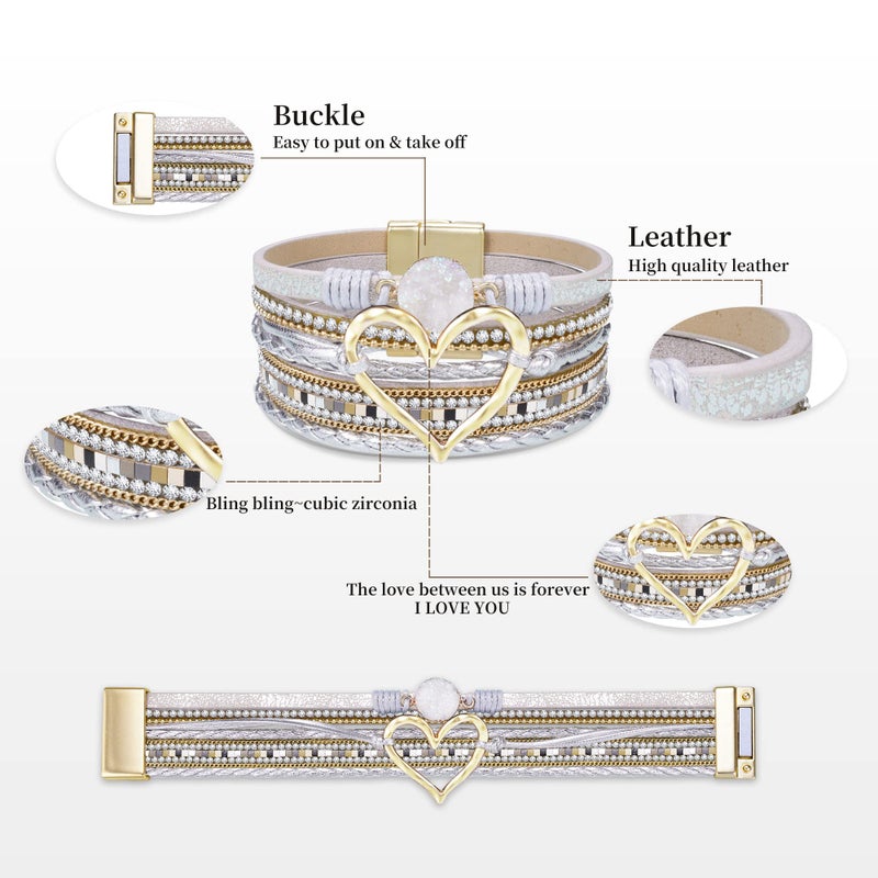 Btysun Valentines Day Gifts for Her Mothers Day Gift Wrap Bracelets for Women Leather Gift for Her Boho Crystal Heart Cuff Bracelet Birthday Gifts Best Friend Christmas Jewelry - Image 3