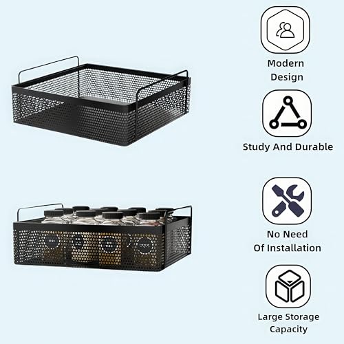 flymore 1-Tier Metal Square Kitchen Rack Stand Organiser | Countertop Organizer Kitchen Bathroom Standing Rack | Spice, Oil, Masala, Cosmetic & Bathroom Vanity Storage Rack Shelf | Dark Black - Image 4