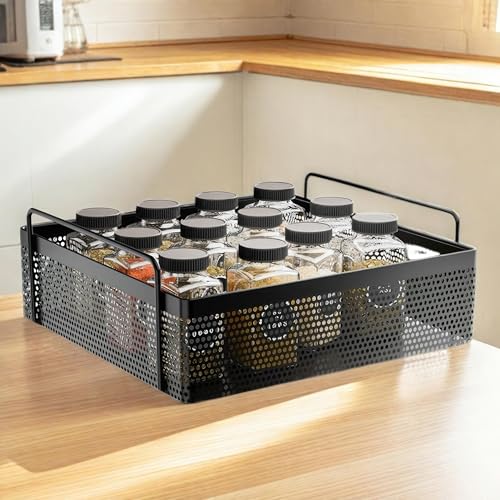 flymore 1-Tier Metal Square Kitchen Rack Stand Organiser | Countertop Organizer Kitchen Bathroom Standing Rack | Spice, Oil, Masala, Cosmetic & Bathroom Vanity Storage Rack Shelf | Dark Black - Image 1