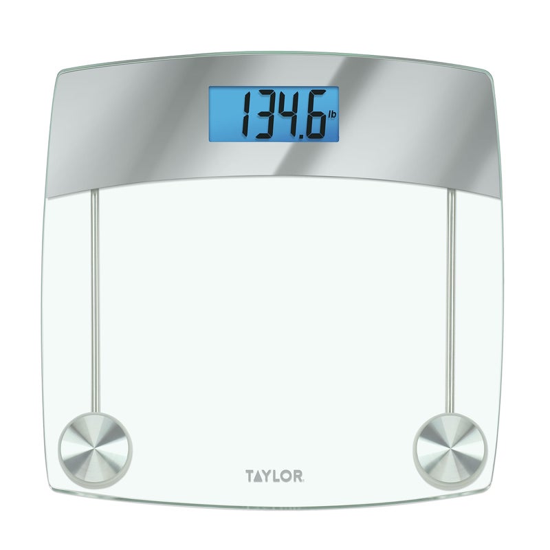 Taylor Digital Scales for Body Weight Extra Highly Accurate 440 LB Capacity Unique Blue LCD Stainless Steel Accents GlassPlatform 124 x 124 Inches Clear