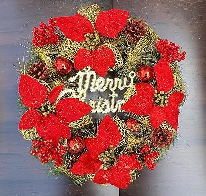 Partunay1 Pcs Red Poinsettia Flower Merry Christmas Red Berries Wreath Xmas Christmas Front Door Wall Decoration Christmas Wreath Christmas Decoration Item - Image 2
