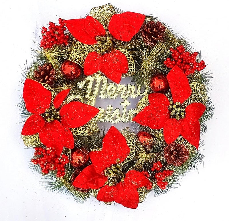 Partunay1 Pcs Red Poinsettia Flower Merry Christmas Red Berries Wreath Xmas Christmas Front Door Wall Decoration Christmas Wreath Christmas Decoration Item - Image 1