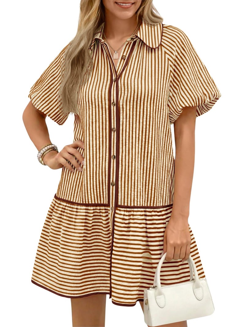 Wenrine Womens Summer Button Down Shirt Dress Casual Striped Puff Short Sleeve Collared Loose Mini Dresses with Pockets Brown - Image 1