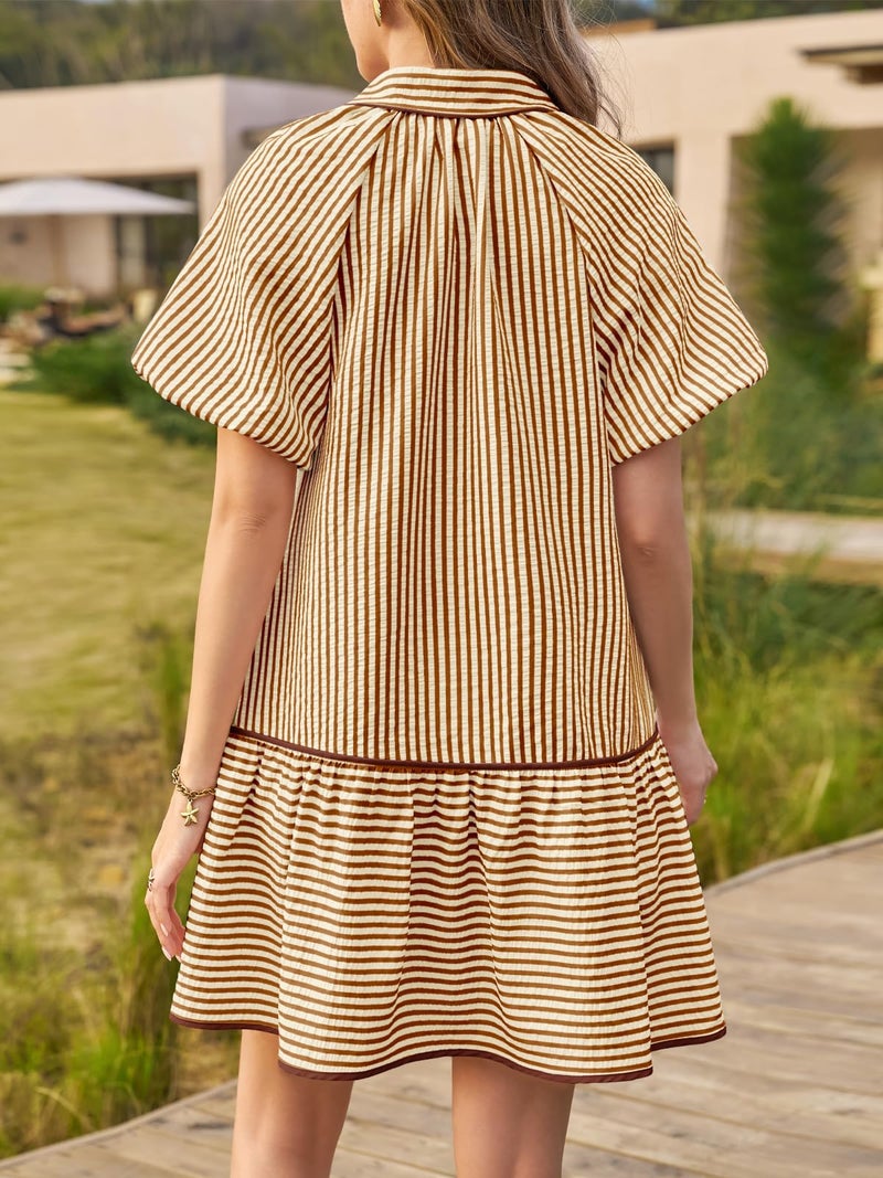 Wenrine Womens Summer Button Down Shirt Dress Casual Striped Puff Short Sleeve Collared Loose Mini Dresses with Pockets Brown - Image 4