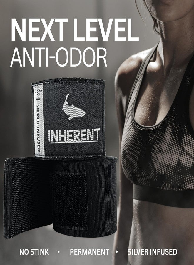 INHERENT Boxing Hand Wraps 180” (4.5M) Anti-Odor Technology Silver-Infused, Semi-Elastic Support, Premium Hook & Loop Closure, Thumb Loop UP Label - Martial Arts & MMA Training Inner Gloves (Black) - Image 2