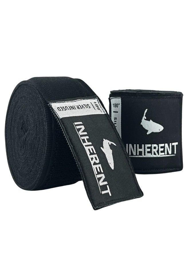INHERENT Boxing Hand Wraps 180” (4.5M) Anti-Odor Technology Silver-Infused, Semi-Elastic Support, Premium Hook & Loop Closure, Thumb Loop UP Label - Martial Arts & MMA Training Inner Gloves (Black) - Image 1